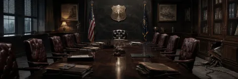 Empty police boardroom with concealed files and broken chain