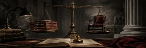 Scales weighing evidence folders against a defendant's chair