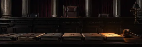 Empty judicial bench above neglected evidence folders