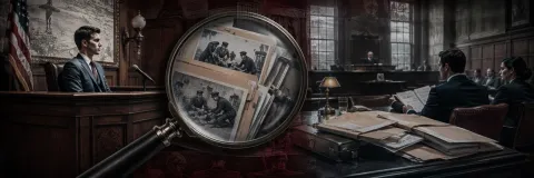 Magnifying glass revealing misconduct files at a witness stand