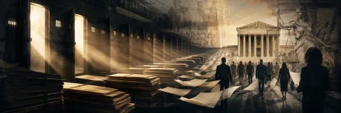 Prison doors opening onto illuminated court case files